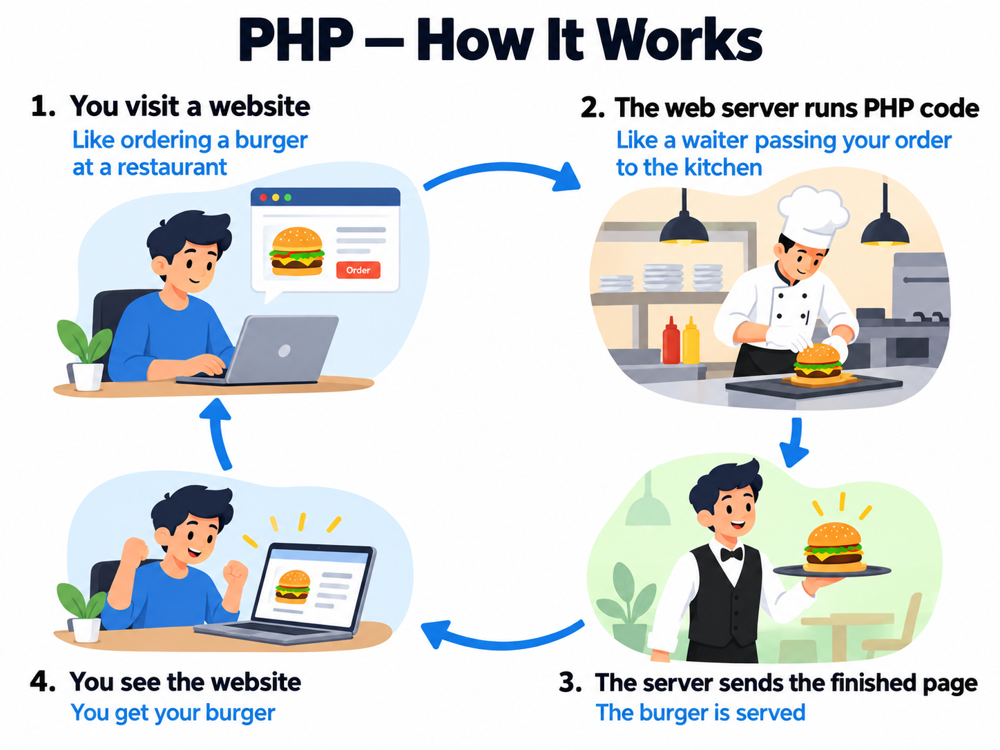 Illustration explaining how PHP processes a website request