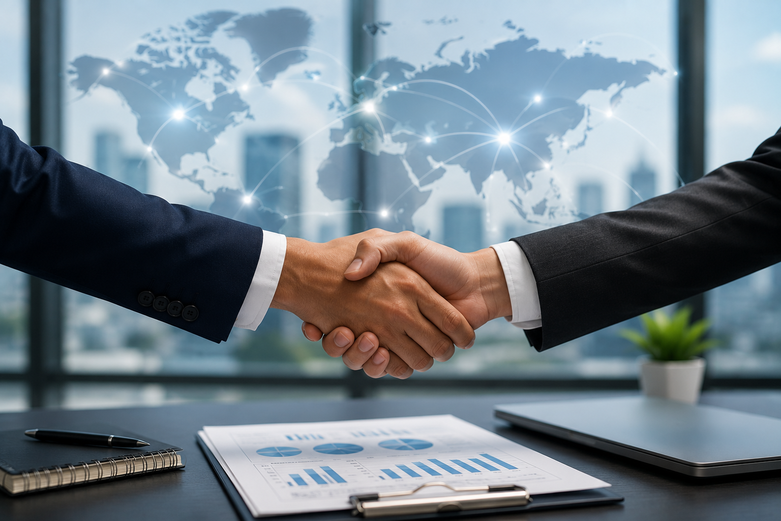 Business partners shaking hands in front of a global network map